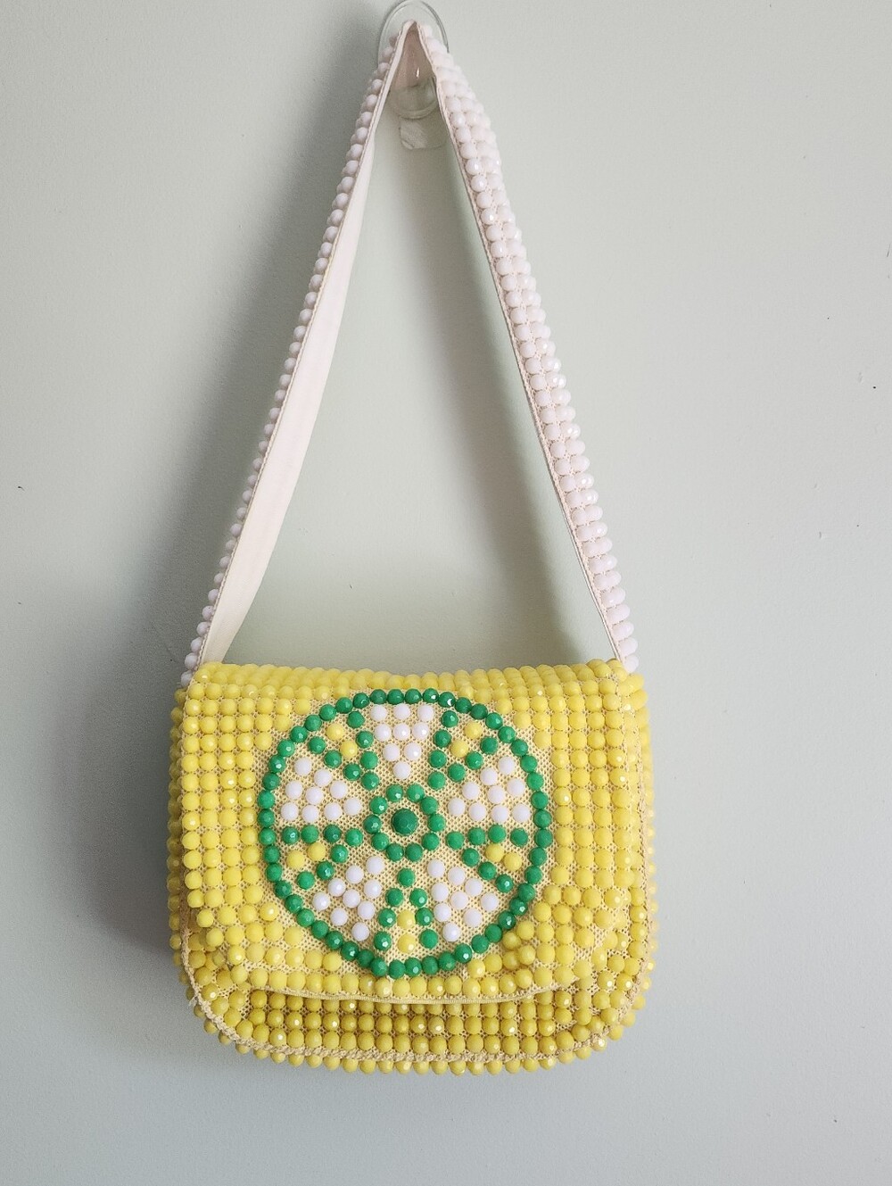 Vintage Roger Van S Beaded Shoulder Bag/Purse Flap Front Yellow White Green